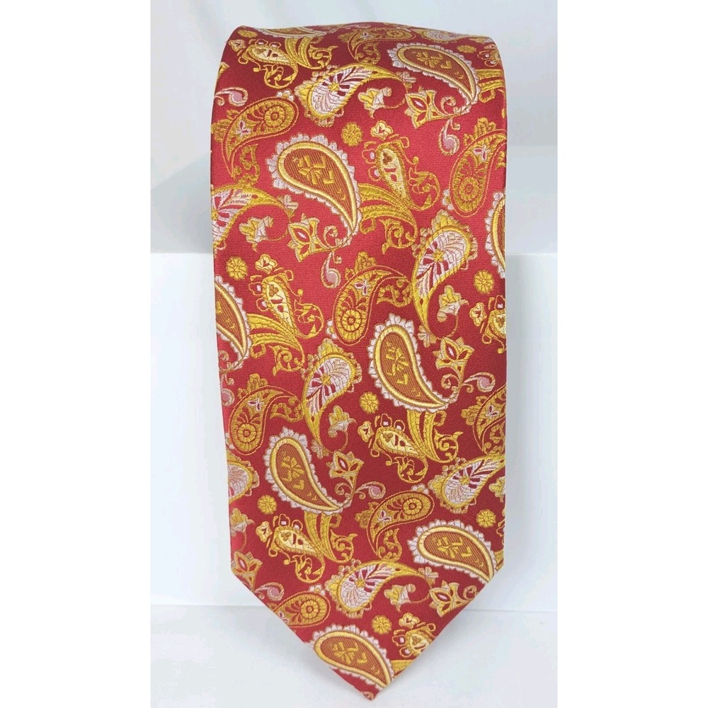 Krimson By Kwame Mens Necktie Red Gold Paisley 64"x3.75" Silk Tie